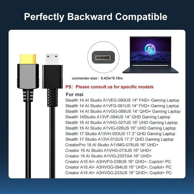 Alt view image 5 of 7 - KingMa 260W Laptop Charger (20V/13A), Portable GaN Foldable Charger for MSI Gaming Laptops, PD 3.0 Fast Charger with 11-40mm Cable, Compatible with MSI Stealth 14 AI/16AI/Creator Pro16 AI