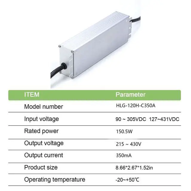 Alt view image 6 of 7 - HLG-120H-C350A 150W Constant Current LED Driver - 90-305VAC Input, 350mA, IP67 Rated - Reliable Industrial Lighting Solution for Warehouses, Factories, and High Bay Applications
