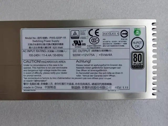 Alt view image 2 of 2 - PWS-920P-1R 920W 1U Redundant Power Supply 80 Plus Platinum 1U Redundant Power Supply for Server PSU