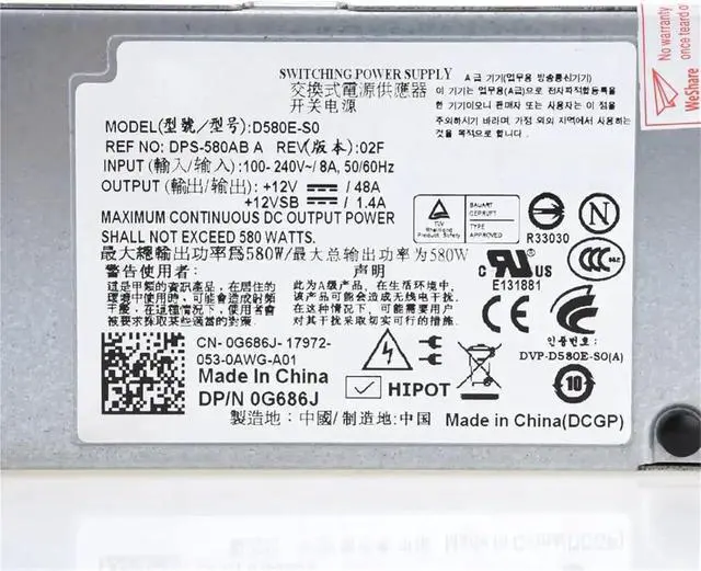 Alt view image 5 of 6 - 1pc 580W Server Power Supply for T410 F5XMD H371J G686J A580E-S0 D580E-S0 PSU PSU