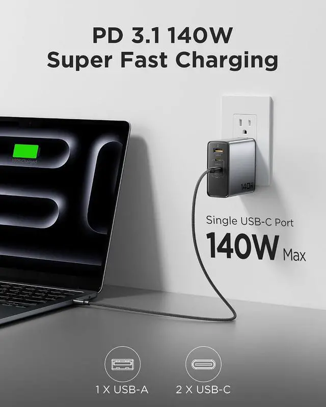 Alt view image 2 of 7 - PISEN 140W USB C Charger - PD3.1 GaN Fast Charger USB C 3-Port Foldable Charging Block 140Watt Power Adapter with 6FT 240W Type-C Cable, 140W Charger for MacBook, Laptops, Samsung, iPad, iPhone Series