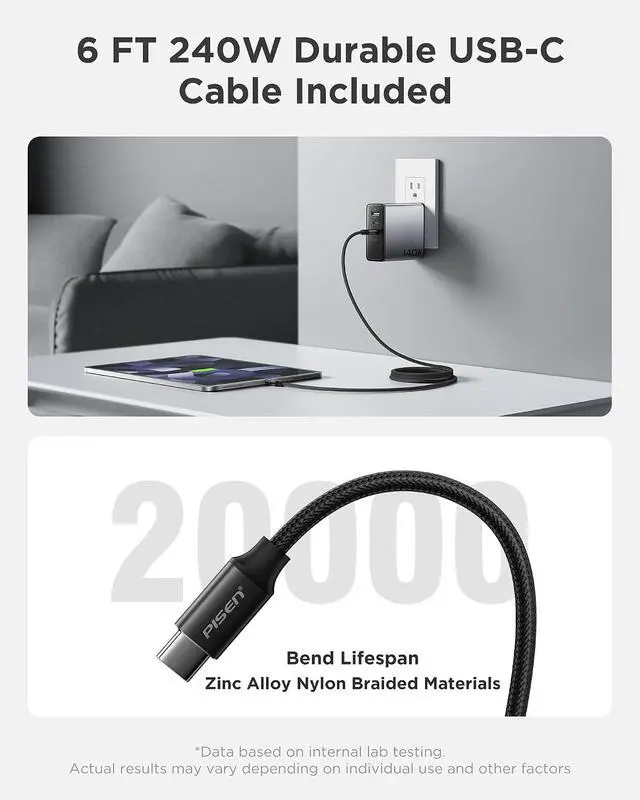 Alt view image 7 of 7 - PISEN 140W USB C Charger - PD3.1 GaN Fast Charger USB C 3-Port Foldable Charging Block 140Watt Power Adapter with 6FT 240W Type-C Cable, 140W Charger for MacBook, Laptops, Samsung, iPad, iPhone Series