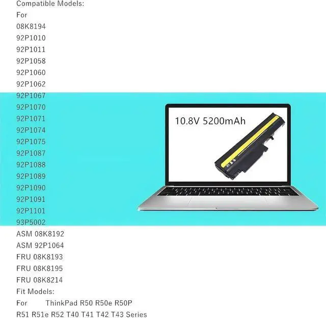 Alt view image 6 of 6 - Laptop Battery,Compatible for Lenovo ThinkPad R50E R50p R51 R51e R52 T40 T40P T41 T41p T42 T42P T43 T43P 08K8192 92P1064 08K8193