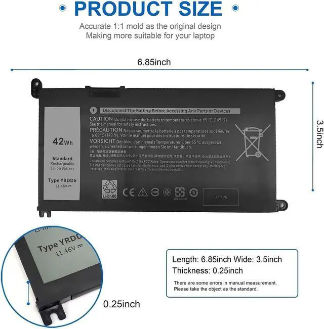 Alt view image 3 of 7 - YRDD6 1VX1H Laptop Battery,Compatible for Inspiron 5482 5485 5491 3310 2-in-1 3493 3593 3793 5493 5585 5593 5480 5590 3584 Vostro 3491
