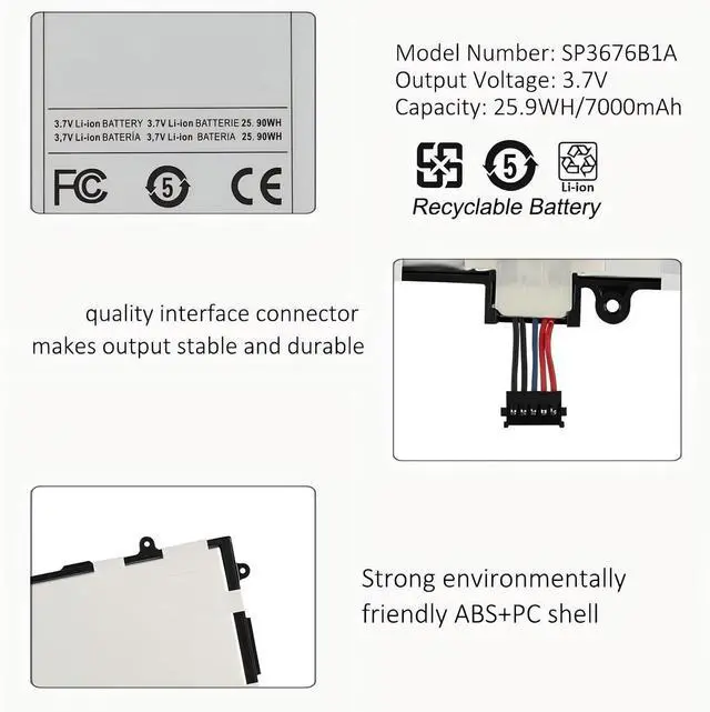 Alt view image 3 of 7 - Sp3676b1a (1s2p) Tablet Battery,Compatible for Samsung Galaxy Note 10.1 Tab 2 P5100 P5110 P7500 P7510 N8000 N8010 N8013 7000mAh.