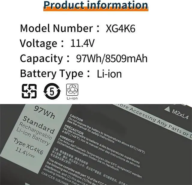 Alt view image 6 of 6 - BVbh XG4K6 97Wh Laptop Battery,Compatible for XPS 17 9700/9710 Precision 5750/5750 Series 01RR3/F8CPG/0F8CPG 8509mah
