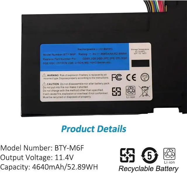 Alt view image 6 of 7 - BTY-M6F Laoptop Battery,Compatible for MSI,GS60 2QC 2QE 2PM 2PC 2PL 6QC PX60 6QE 6QD MS-16H2 MS-16H4 11.4V 4640mAh.