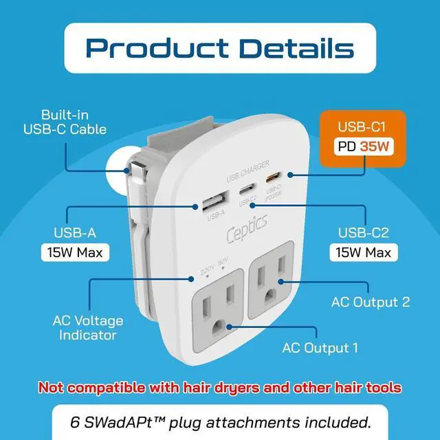 Alt view image 3 of 7 - Ceptics World Travel Adapter Kit - 2 USB + 2 US Outlets, Surge Protection, Plug for Europe, UK, China, Australia, Japan - Perfect for Laptop, Cell Phones (Does Not Convert Voltage) (WPS-2B+)