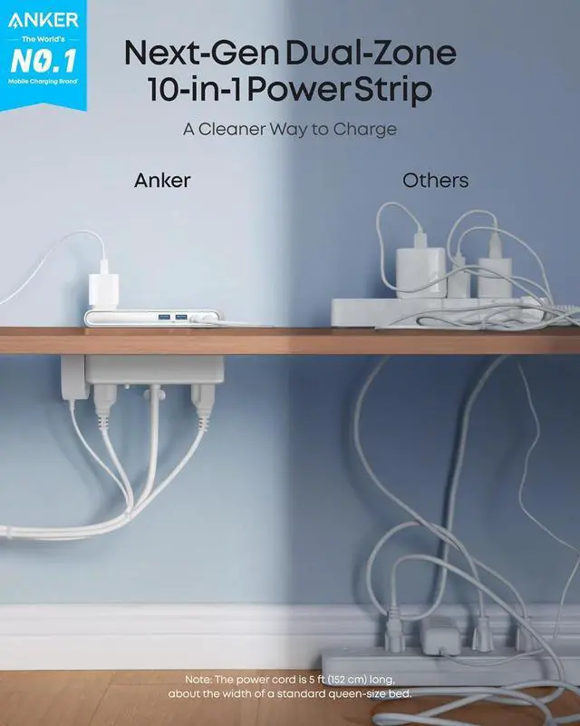 Alt view image 2 of 6 - Anker Nano Power Strip, Desk Clamp with 1500J Surge Protector, 5ft Extension Cord, 70W Max Gaming Desk Accessories, 6 AC, 2 USB A, 2 USB C, Home Office Essentials, Fit 0.6~1.8'' Tabletop Edge (Black)