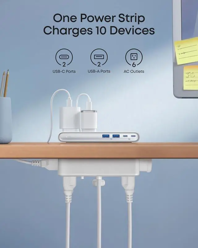 Alt view image 4 of 6 - Anker Nano Power Strip, Desk Clamp with 1500J Surge Protector, 5ft Extension Cord, 70W Max Gaming Desk Accessories, 6 AC, 2 USB A, 2 USB C, Home Office Essentials, Fit 0.6~1.8'' Tabletop Edge (Black)