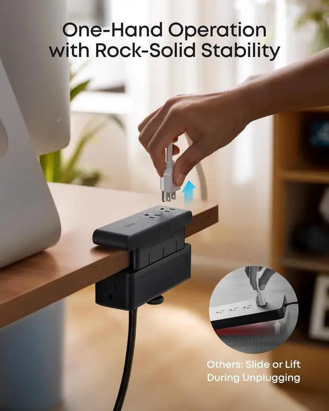 Alt view image 5 of 6 - Anker Nano Power Strip, Desk Clamp with 1500J Surge Protector, 5ft Extension Cord, 70W Max Gaming Desk Accessories, 6 AC, 2 USB A, 2 USB C, Home Office Essentials, Fit 0.6~1.8'' Tabletop Edge (Black)