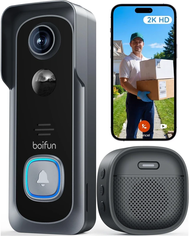 Main image of BOIFUN Video Doorbell Camera Wireless No Subscription Required, 2K HD, 166° Wide View, HDR Night Vision, Motion Alerts, Two-Way Audio & Package Watch with Chime, Battery Powered, 2.4 GHz Wi-Fi Only