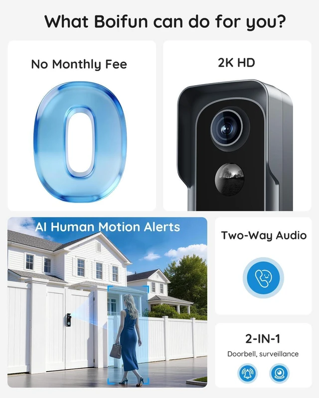 Alt view image 2 of 7 - BOIFUN Video Doorbell Camera Wireless No Subscription Required, 2K HD, 166° Wide View, HDR Night Vision, Motion Alerts, Two-Way Audio & Package Watch with Chime, Battery Powered, 2.4 GHz Wi-Fi Only