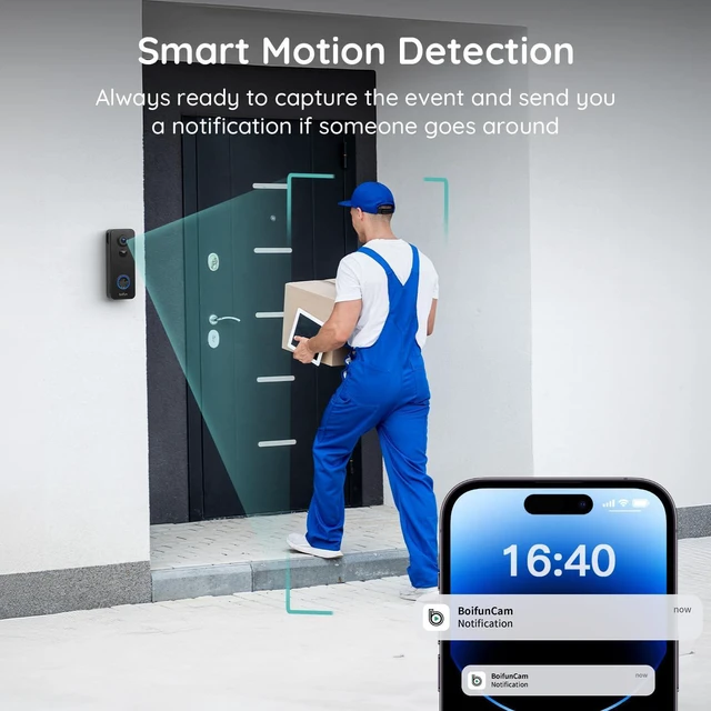 Alt view image 3 of 7 - BOIFUN 2K Doorbell Camera Wireless, 180° Wide View, No Subscription, AI Human Detection, Head-to-Toe, HDR Night Vision, Two-Way Audio, Package Watch, Battery Powered with Chime, 2.4 GHz Wi-Fi Only