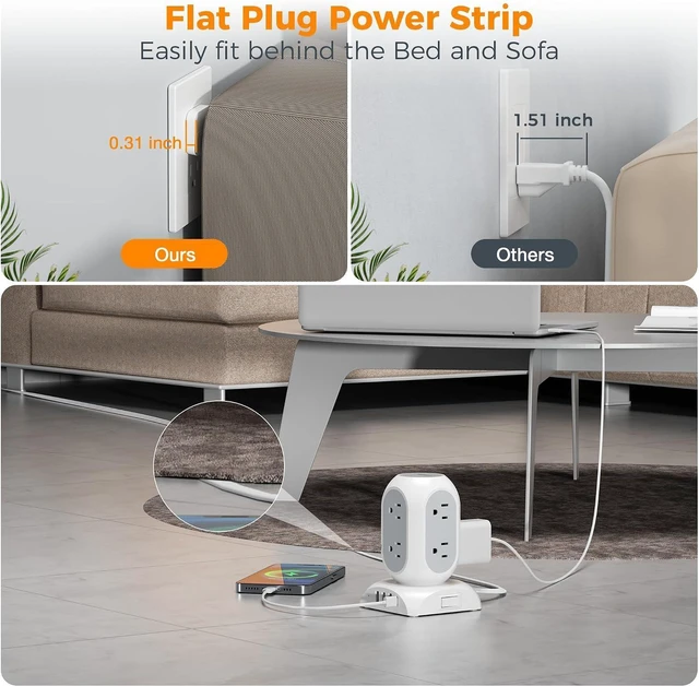 Alt view image 2 of 6 - Tower Power Bars with Surge Protector, TESSAN Flat Plug Extension Cord 10 Ft with 8 AC Multiple Outlets and 4 USB Ports (1 USB C), 1050J Power Strip Desk Charging Station for Home Office Dorm Room