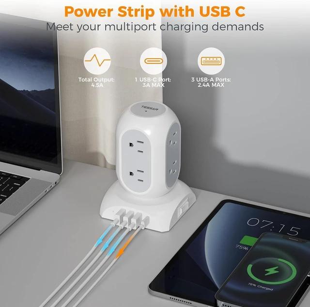 Alt view image 3 of 6 - Tower Power Bars with Surge Protector, TESSAN Flat Plug Extension Cord 10 Ft with 8 AC Multiple Outlets and 4 USB Ports (1 USB C), 1050J Power Strip Desk Charging Station for Home Office Dorm Room