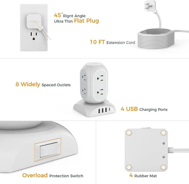 Alt view image 4 of 6 - Tower Power Bars with Surge Protector, TESSAN Flat Plug Extension Cord 10 Ft with 8 AC Multiple Outlets and 4 USB Ports (1 USB C), 1050J Power Strip Desk Charging Station for Home Office Dorm Room