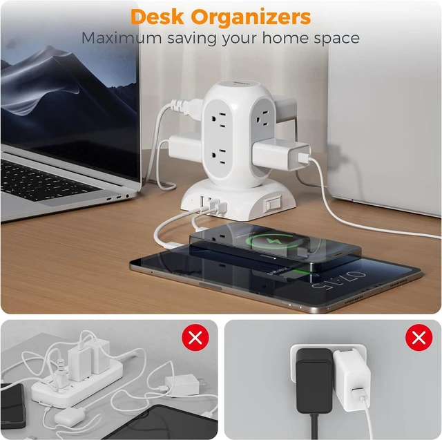 Alt view image 6 of 6 - Tower Power Bars with Surge Protector, TESSAN Flat Plug Extension Cord 10 Ft with 8 AC Multiple Outlets and 4 USB Ports (1 USB C), 1050J Power Strip Desk Charging Station for Home Office Dorm Room
