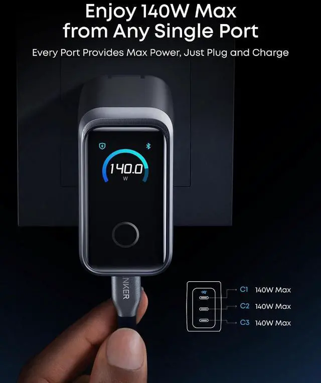 Alt view image 4 of 6 - Anker Prime USB C Charger Block, 160W 3-Port GaN Phone Charger, Smart Display&Touch Control, 140W Max Single-Port Charging,for MacBook Pro/Laptop,iPhone 17 Series(Cable Not Included,Non-Battery)