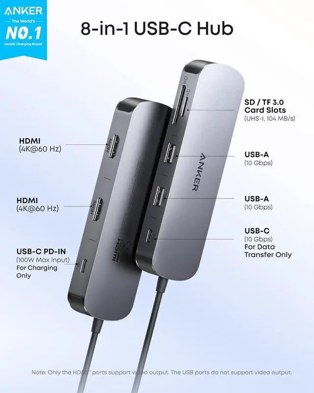 Alt view image 2 of 7 - Anker Nano 8-in-1 USB C Docking Station, Dual Monitor Laptop Dock with 4K@60 Hz HDMI, 10 Gbps 1 USB-C, 2 USB-A 3.0, 85W PD, SD/TF, for Dell, Lenovo, HP, and Windows Laptops (Charger Not Included)