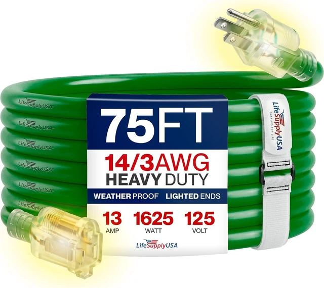 Main image of 75ft Outdoor/Indoor Extension Cord 14/3 Gauge Heavy Duty 3 Prong SJTW, Waterproof, Flexible Cold-Resistant Long Power Cord,13A 125V 1625W, Green by LifeSupplyUSA