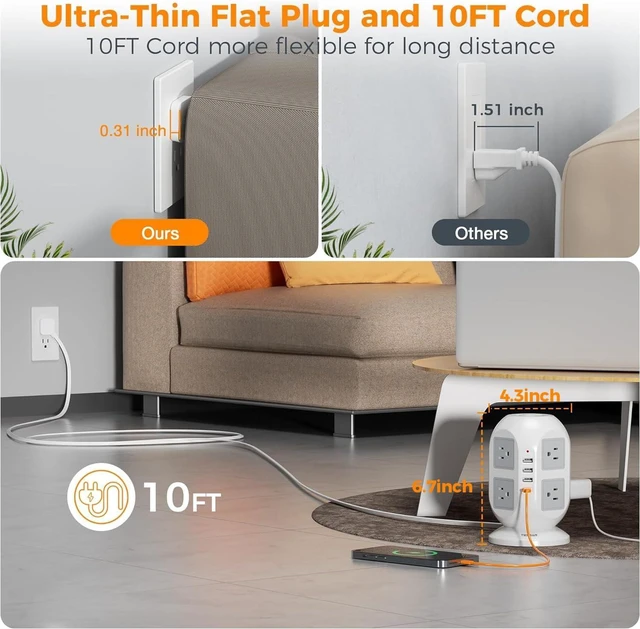 Alt view image 2 of 5 - Flat Plug Tower Power Bars with Surge Protector, TESSAN 10 Ft Power Strip Extension Cord Indoor, Charging Station with 8 Multi Outlets, 4 USB Ports (1USB C), Home Office Dorm Room Supplies, Gray
