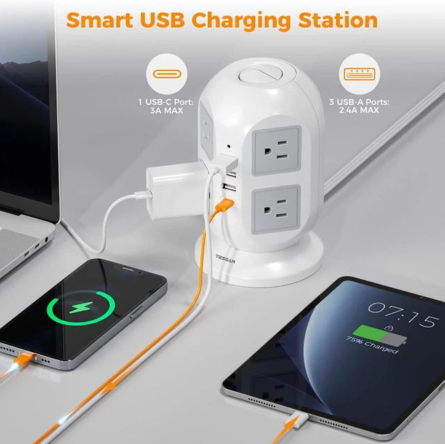 Alt view image 3 of 5 - Flat Plug Tower Power Bars with Surge Protector, TESSAN 10 Ft Power Strip Extension Cord Indoor, Charging Station with 8 Multi Outlets, 4 USB Ports (1USB C), Home Office Dorm Room Supplies, Gray