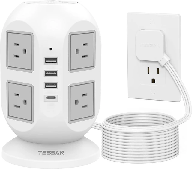 Main image of Flat Plug Tower Power Bars with Surge Protector, TESSAN 10 Ft Power Strip Extension Cord Indoor, Charging Station with 8 Multi Outlets, 4 USB Ports (1USB C), Home Office Dorm Room Supplies, Gray