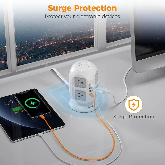 Alt view image 5 of 5 - Flat Plug Tower Power Bars with Surge Protector, TESSAN 10 Ft Power Strip Extension Cord Indoor, Charging Station with 8 Multi Outlets, 4 USB Ports (1USB C), Home Office Dorm Room Supplies, Gray