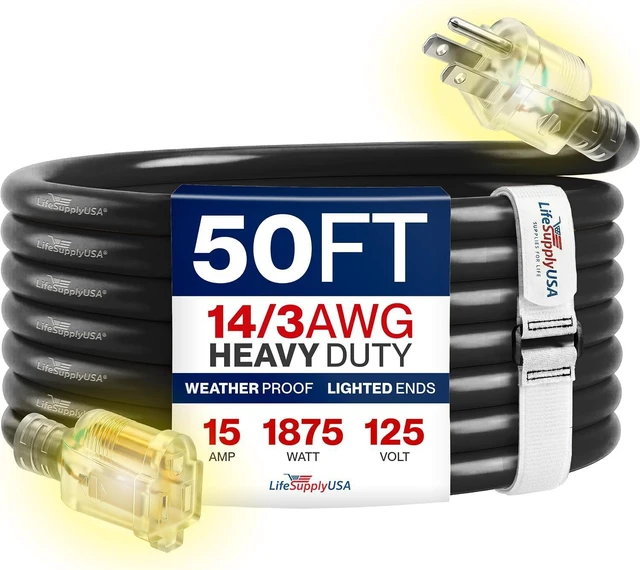 Main image of 50ft Outdoor/Indoor Extension Cord 14/3 Gauge Heavy Duty 3 Prong SJTW, Waterproof, Flexible Cold-Resistant Long Power Cord,15A 125V 1875W, Black by LifeSupplyUSA