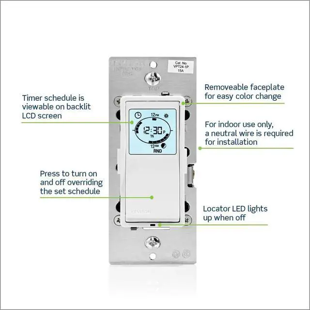 Alt view image 3 of 7 - Leviton Decora Timer Switch, Programmable and Astronomical, Lights and Motor Loads, Single Pole or 3-Way, VPT24-1PZ, White