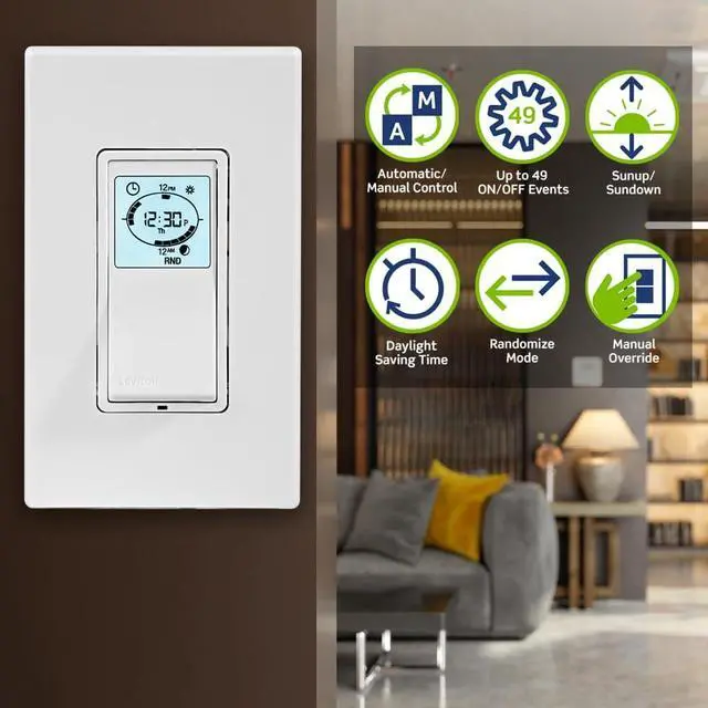 Alt view image 6 of 7 - Leviton Decora Timer Switch, Programmable and Astronomical, Lights and Motor Loads, Single Pole or 3-Way, VPT24-1PZ, White