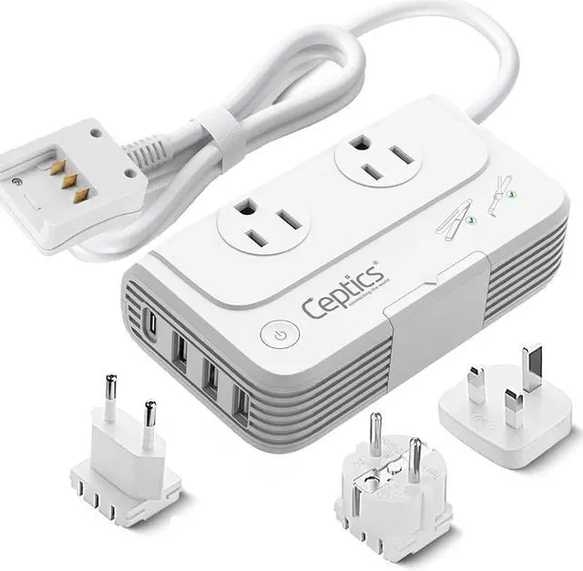 Main image of European Travel Voltage Converter by Ceptics, 230W Adapter for Curling Iron, Straightener, Chargers, Step Down World Power Plug - 4 USB Charging QC 3.0 - SWadApt Compatible - Type C, E/F, G Included