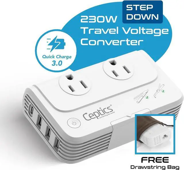 Alt view image 2 of 7 - European Travel Voltage Converter by Ceptics, 230W Adapter for Curling Iron, Straightener, Chargers, Step Down World Power Plug - 4 USB Charging QC 3.0 - SWadApt Compatible - Type C, E/F, G Included