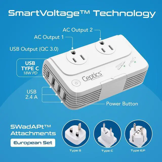 Alt view image 4 of 7 - European Travel Voltage Converter by Ceptics, 230W Adapter for Curling Iron, Straightener, Chargers, Step Down World Power Plug - 4 USB Charging QC 3.0 - SWadApt Compatible - Type C, E/F, G Included