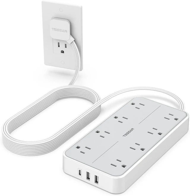 Main image of Flat Plug Power Bars with Surge Protector 1080J, TESSAN 10 Ft Extension Cord Indoor with 8 Multiple Outlets and 3 USB(1 USB C), Wall Mounted Charging Station for Home Office Dorm Room, Gray