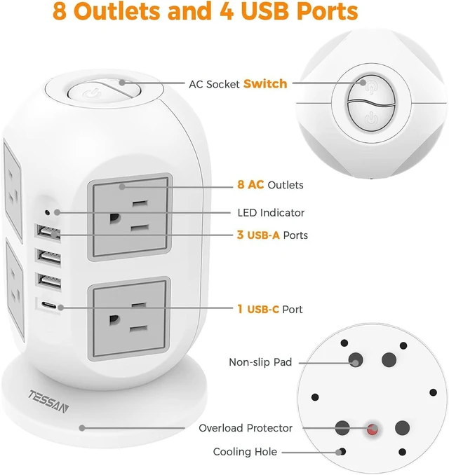 Alt view image 4 of 5 - Flat Plug Tower Power Bars with Surge Protector, TESSAN 10 Ft Power Strip Extension Cord Indoor, Charging Station with 8 Multi Outlets, 4 USB Ports (1USB C), Home Office Dorm Room Supplies, Gray