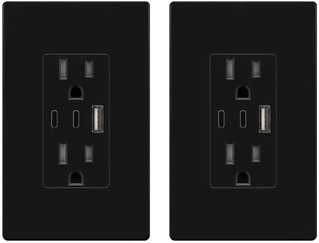 Main image of TOPGREENER 4.2A 21W 3-Port Type C USB Outlet, 15 Amp Wall Outlet Receptacle, Charging Power Outlet with Dual Type C&A Ports, Screwless Wall Plate Included, UL Listed, TU21542AC2-BKSID, Black, 2 Pack