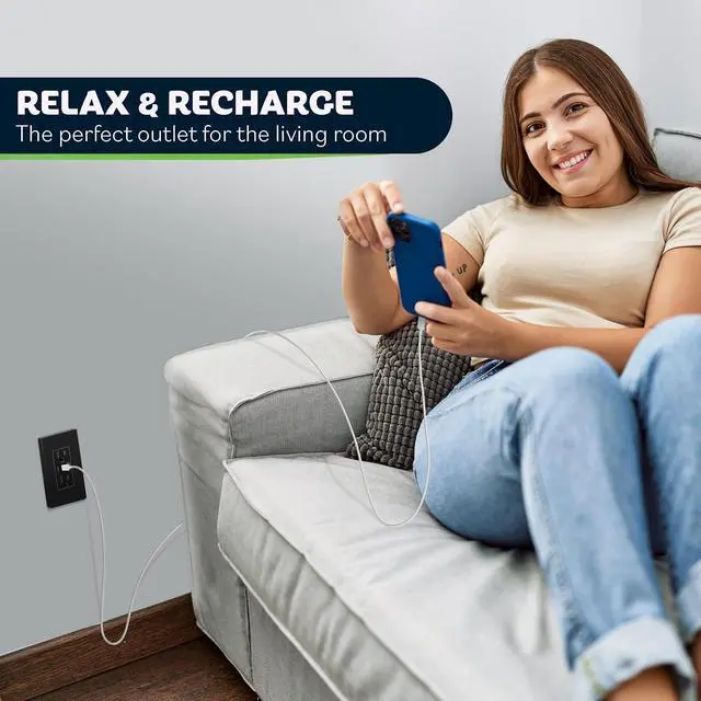 Alt view image 4 of 7 - TOPGREENER 4.2A 21W 3-Port Type C USB Outlet, 15 Amp Wall Outlet Receptacle, Charging Power Outlet with Dual Type C&A Ports, Screwless Wall Plate Included, UL Listed, TU21542AC2-BKSID, Black, 2 Pack