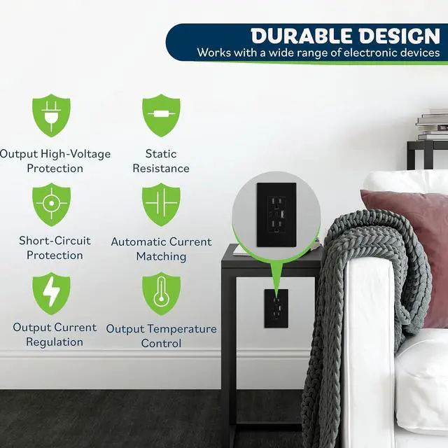 Alt view image 6 of 7 - TOPGREENER 4.2A 21W 3-Port Type C USB Outlet, 15 Amp Wall Outlet Receptacle, Charging Power Outlet with Dual Type C&A Ports, Screwless Wall Plate Included, UL Listed, TU21542AC2-BKSID, Black, 2 Pack