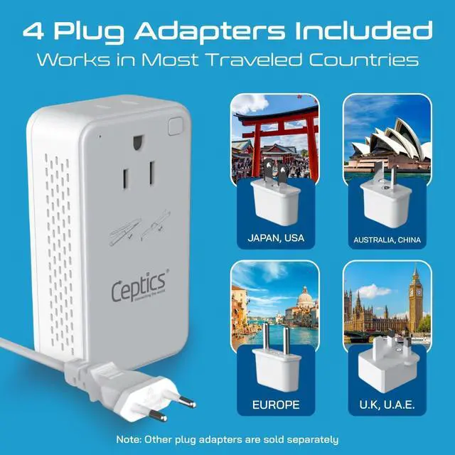 Alt view image 2 of 7 - Ceptics 200W Step Down Voltage Converter - 220v to 110v Voltage Converter for Curling Iron, Straightener, Charger USB-A & C Fast Charging Type C Power Cord with A, G, I, E/F Plugs Included