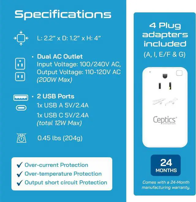 Alt view image 5 of 7 - Ceptics 200W Step Down Voltage Converter - 220v to 110v Voltage Converter for Curling Iron, Straightener, Charger USB-A & C Fast Charging Type C Power Cord with A, G, I, E/F Plugs Included
