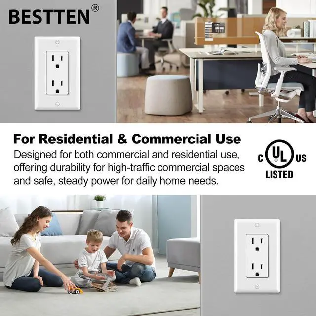 Alt view image 4 of 7 - BESTTEN 20 Pack - 15 Amp Decorator Wall Receptacle Outlet, Non-Tamper-Resistant, Standard Outlet for Residential & Commercial Use, 15A/125V/1875W, Decorative Wallplate Included, cUL Listed, White