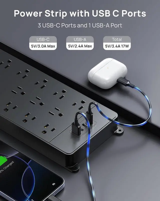 Alt view image 6 of 7 - TROND Surge Protector Power Strip 5ft Cord, 4000J, 4 USB, ETL Listed, Black | 13 Widely-Spaced Outlets Expansion with USB C Ports, Low-Profile Flat Plug, Wall Mount, Extension Cord, 14AWG Heavy Duty