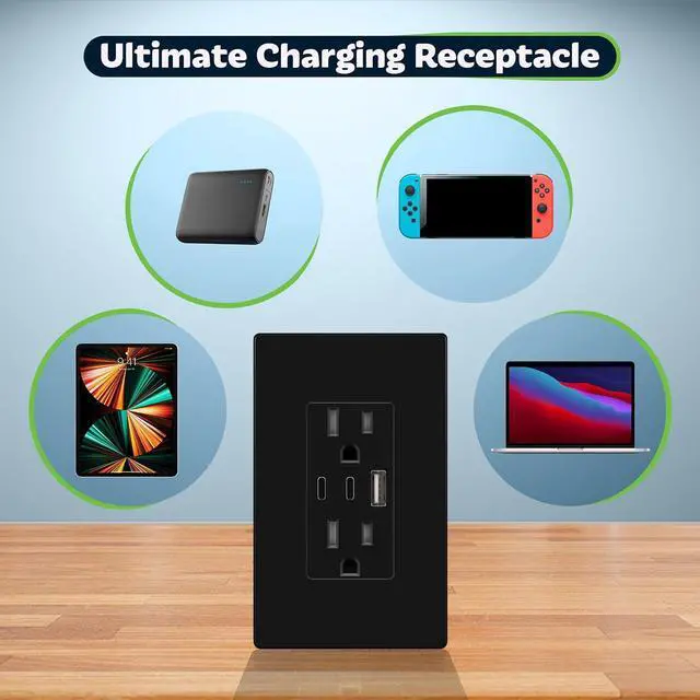 Alt view image 7 of 7 - TOPGREENER 4.2A 21W 3-Port Type C USB Outlet, 15 Amp Wall Outlet Receptacle, Charging Power Outlet with Dual Type C&A Ports, Screwless Wall Plate Included, UL Listed, TU21542AC2-BKSID, Black, 2 Pack