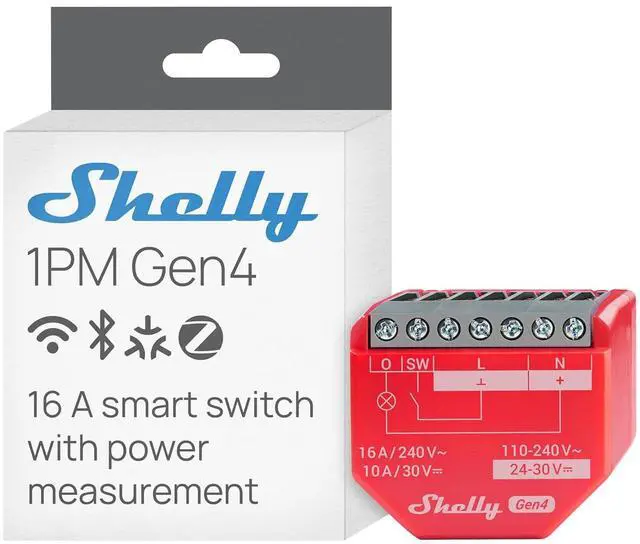 Main image of Shelly 1PM Gen4, Smart Relay Switch WiFi, Matter & Zigbee, Power Metering | Home Automation, Alexa, Google Home, Apple HomeKit Compatible, Home Assistant iOS Android App, No Hub