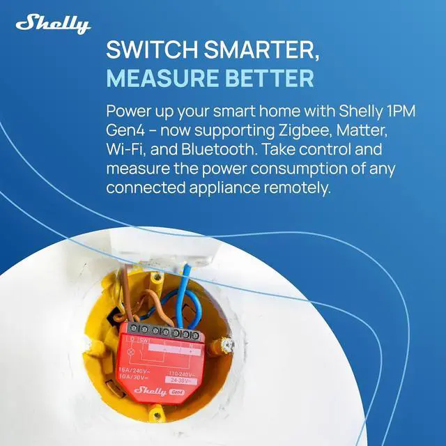 Alt view image 2 of 7 - Shelly 1PM Gen4, Smart Relay Switch WiFi, Matter & Zigbee, Power Metering | Home Automation, Alexa, Google Home, Apple HomeKit Compatible, Home Assistant iOS Android App, No Hub