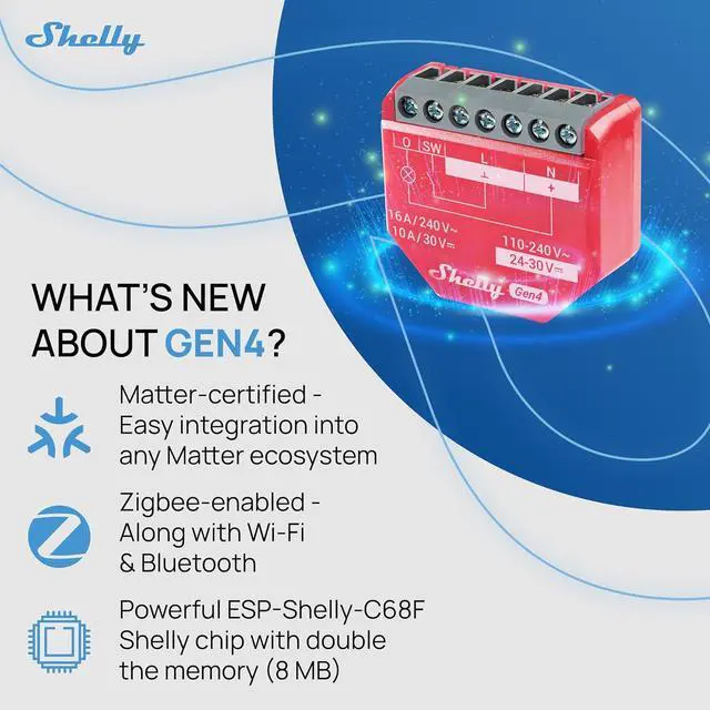Alt view image 7 of 7 - Shelly 1PM Gen4, Smart Relay Switch WiFi, Matter & Zigbee, Power Metering | Home Automation, Alexa, Google Home, Apple HomeKit Compatible, Home Assistant iOS Android App, No Hub