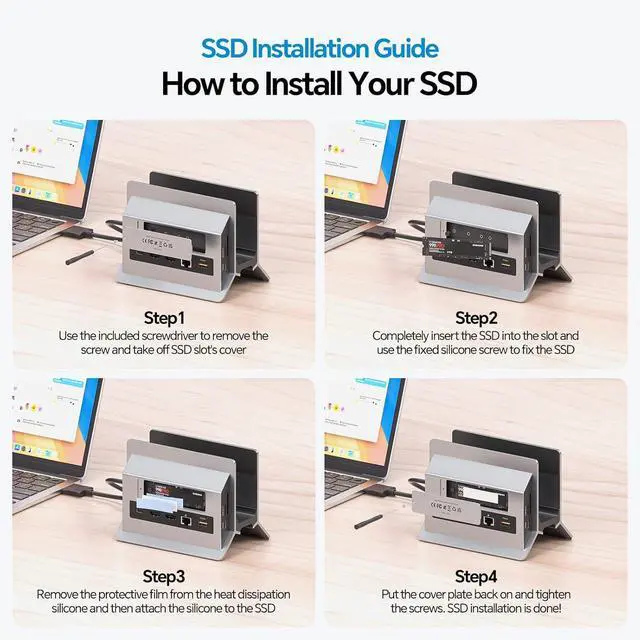 Alt view image 7 of 7 - MacBook Docking Station Dual Monitor, PULWTOP Vertical Mac Laptop Docking Station Dock Stand with 2 HDMI 4K@60Hz, USB A/C 10Gbps, PD, Ethernet, USB 2.0, SD/TF, Compatible with MacBook Pro Air M3 M4 M5