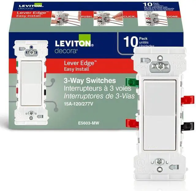 Main image of Leviton 10-Pack Lever Edge 15 Amp 3-Way Decora Switch, E5603-0MW, White